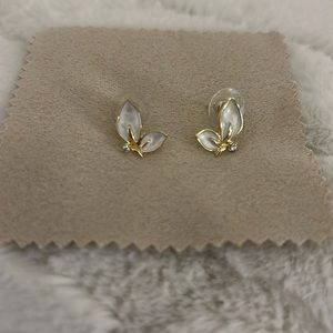 White Enamel and Gold Tone Floral Stud Earrings with Rhinestone